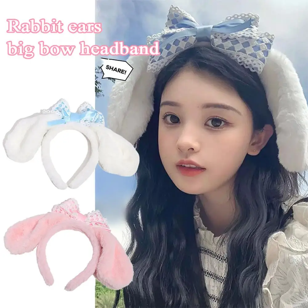 Big Rabbit Ears Headband Hair Hoop Lolita Lace Ruffled Hair Accessories Make Up Face Wash Hairbands Soft Headpieces Handmade DIY