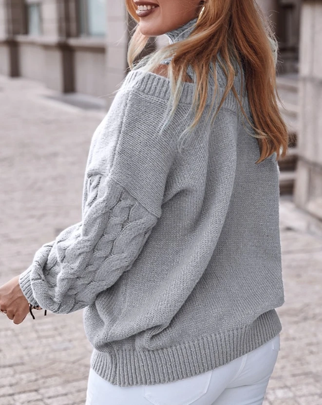 Women\'s Sweater 2023 Autumn Fashion Cable Knit Lantern Sleeve Cold Shoulder Casual Plain Long Sleeve Cutout Pullovers Sweater