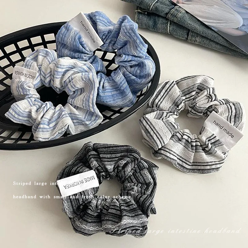 Diameter 12CM Oversized Striped Fabric Scrunchies Fashion Sweet Blue Headbands Young Girls Cute Rubber Bands Ponytail Holder