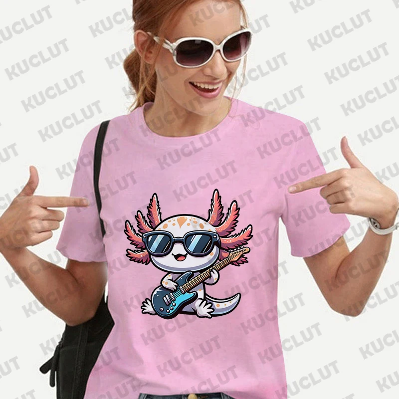 Letnie modne koszulki damskie śmieszne aksolotl jedzenie ramen makaron śliczne Kawaii graficzna koszulka Vintage koszulka damska koszulka damska Top