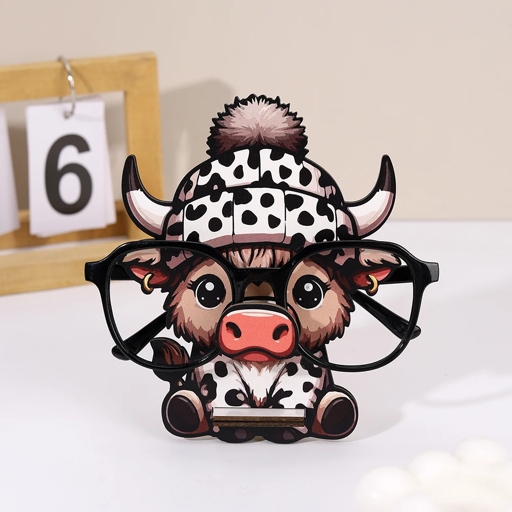 3D Cute Animal Glasses Frame Creative Cartoon Cow Glasses Frame Sunglasses Display Stand Hand Carved Home Wooden Decoration