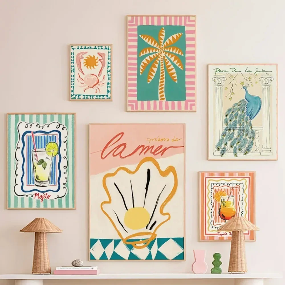 Pósteres de pintura de diamante con diseño de baloncesto, pavo real, árbol de coco y zumo de cóctel, arte de pared para decoración de sala de estar