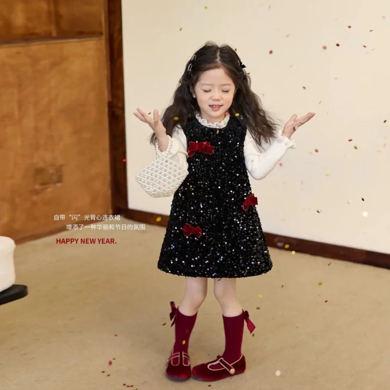 Joyful Rich Lady's High-End Sequin Dress~Girls' Autumn Winter Dress with Fleece New Stylish Dress for Children