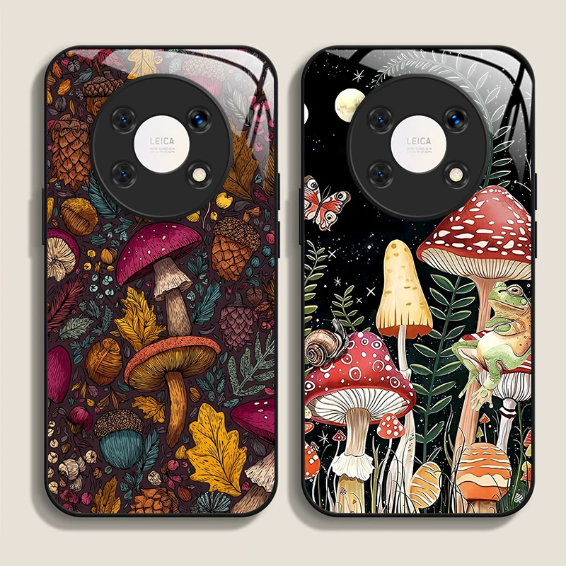 Creative Personality Mushroom Pattern Tempered Glass Phone Case for Huawei Nova 13 12 SE 11 10 Pro Mate 40 30 P60 P50 P40 Cover