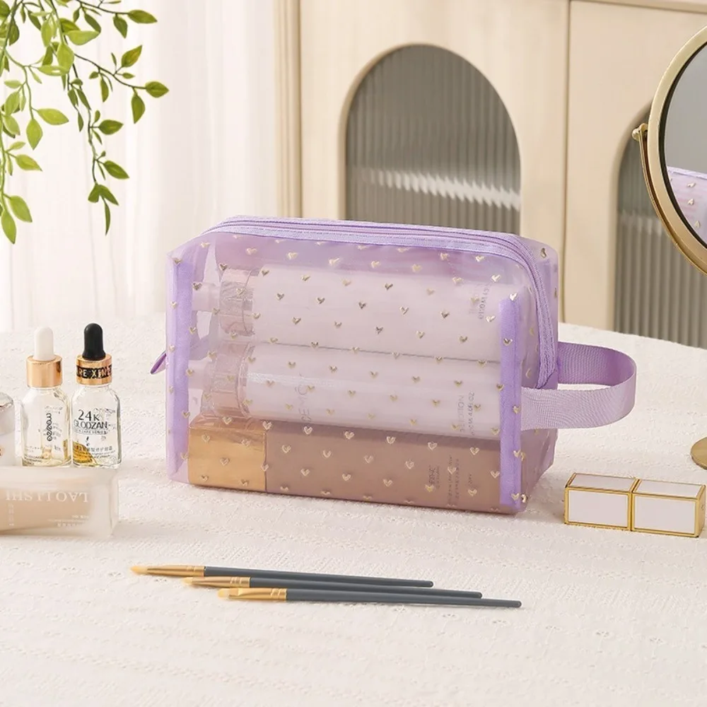 

New Portable Cosmetics Storage Bag Mesh Heart Clutch Bag Toiletries Bag Travel