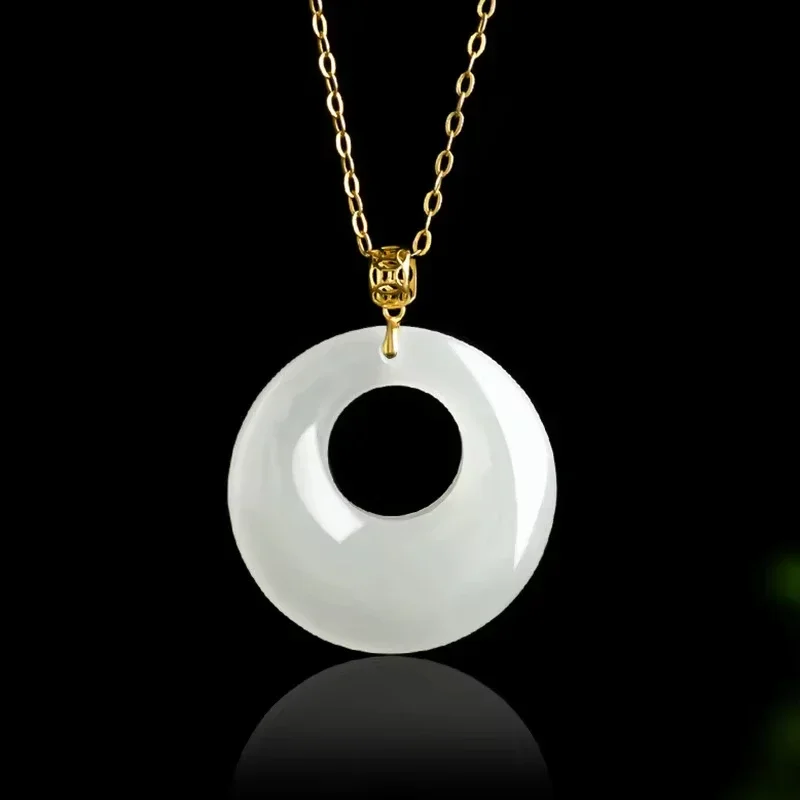 Natural Hetian White Jade Peace Buckle Pendant 18K Gold Inlaid Jade Simple Fashion Necklace Men and Women Lucky Amulet Gifts
