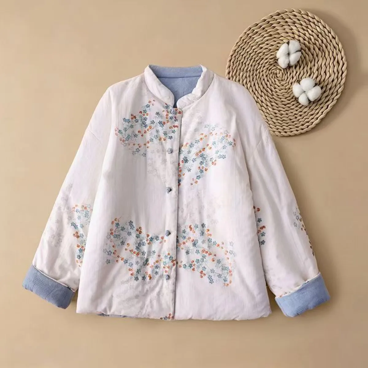 Women New Chinese Style Fleece Lined Padded Jacket Winter Thickened Print Patchwork Frog Button Fur Trim Warm Coat