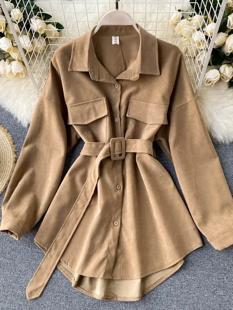 Kobiety Wiosna Jesień Koszule Retro Cargo Styl Kieszenie Koszula z długim rękawem Puff Sleeve Bandaż Nipped Talia Tops Kobieta PL438