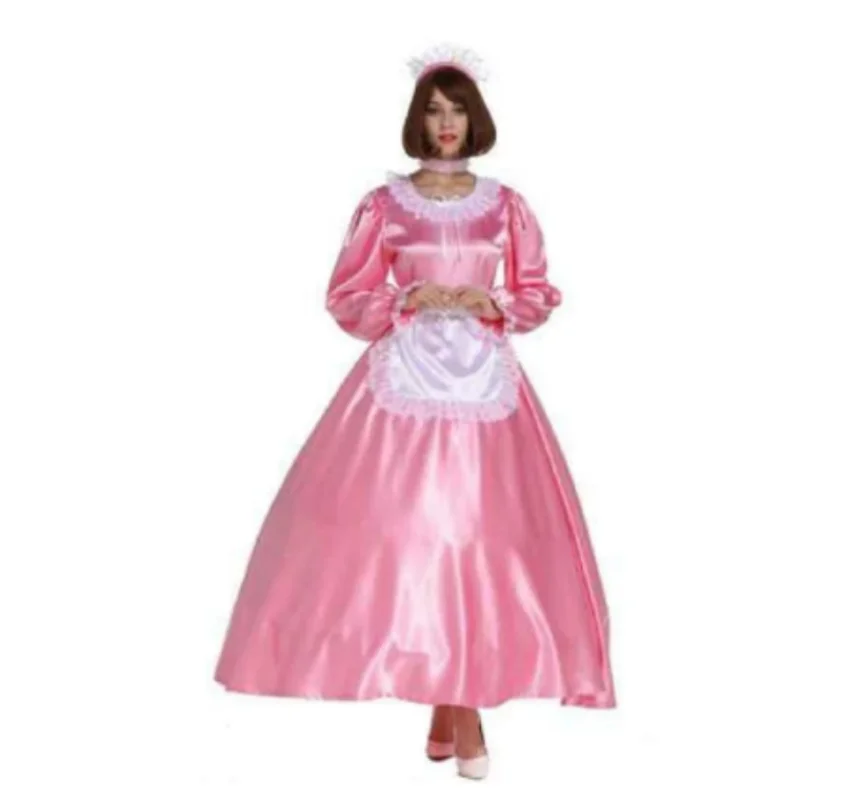 

Adult Maid Long Independent Apron Lace Long Servant Sissy Pink Long Tube Skirt Role-Playing Low Neck Bubble Sleeve Long Skirt