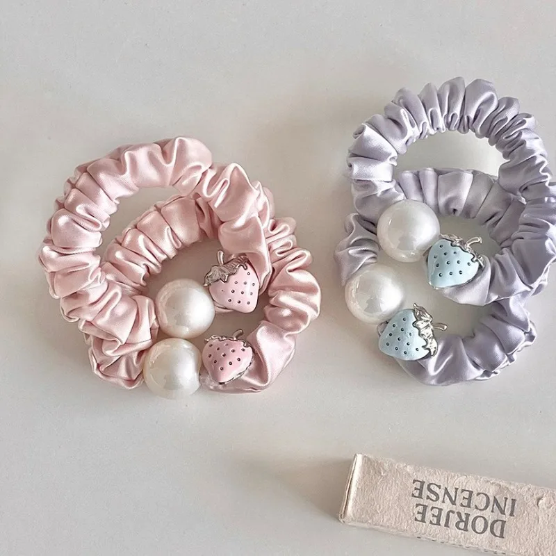1/2/4 Girl Pink Strawberry Pearl Satin Hair Rope High Elasticity Comfy Basicseasiest for Match No Harm To Hair Rubber Band