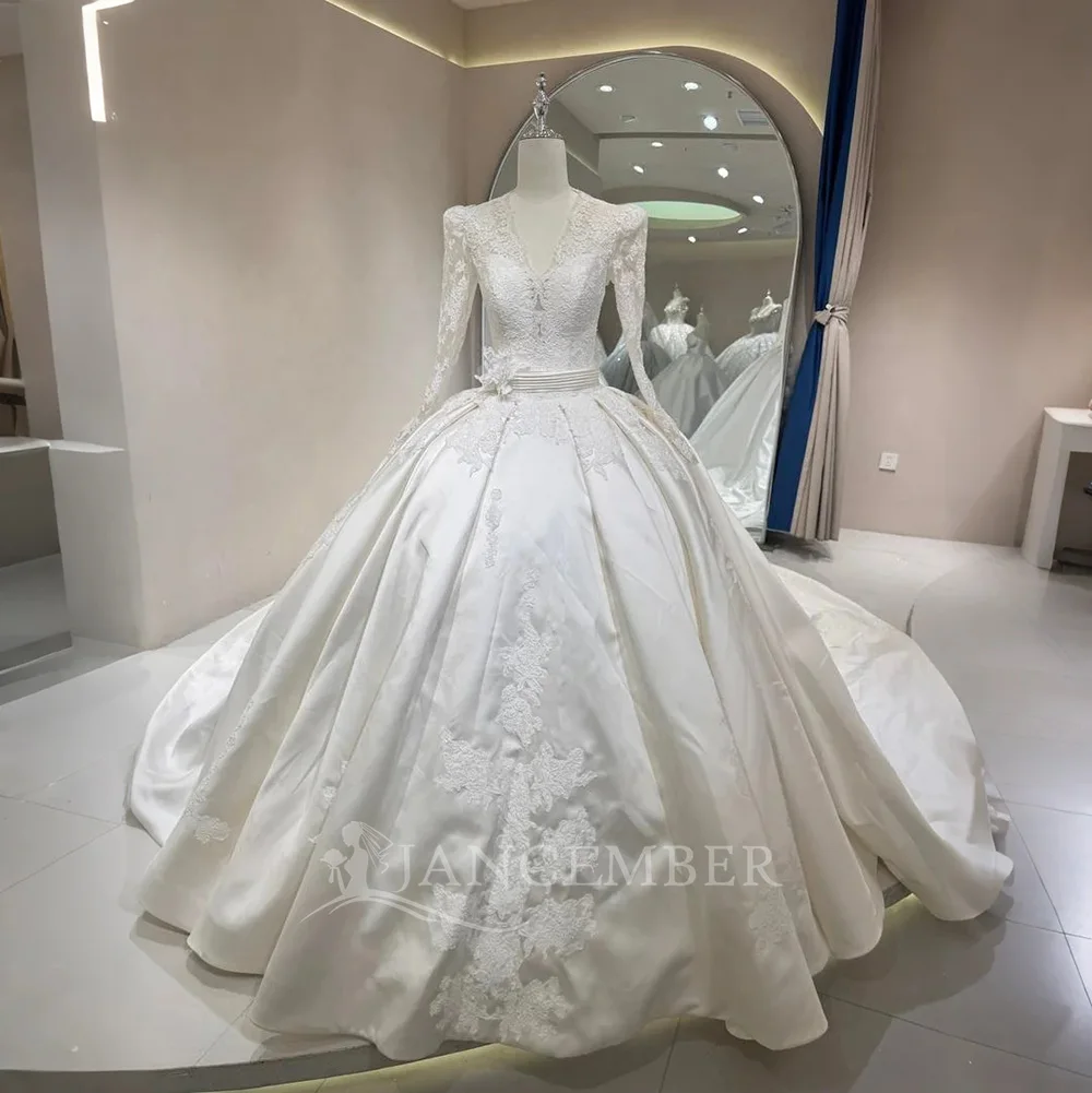 

Vintage Wedding Dresses Sequins Satin Bridal Ball Gown V-neck Long Sleeves Customized Princess Bride Dress vestidos de novia bod