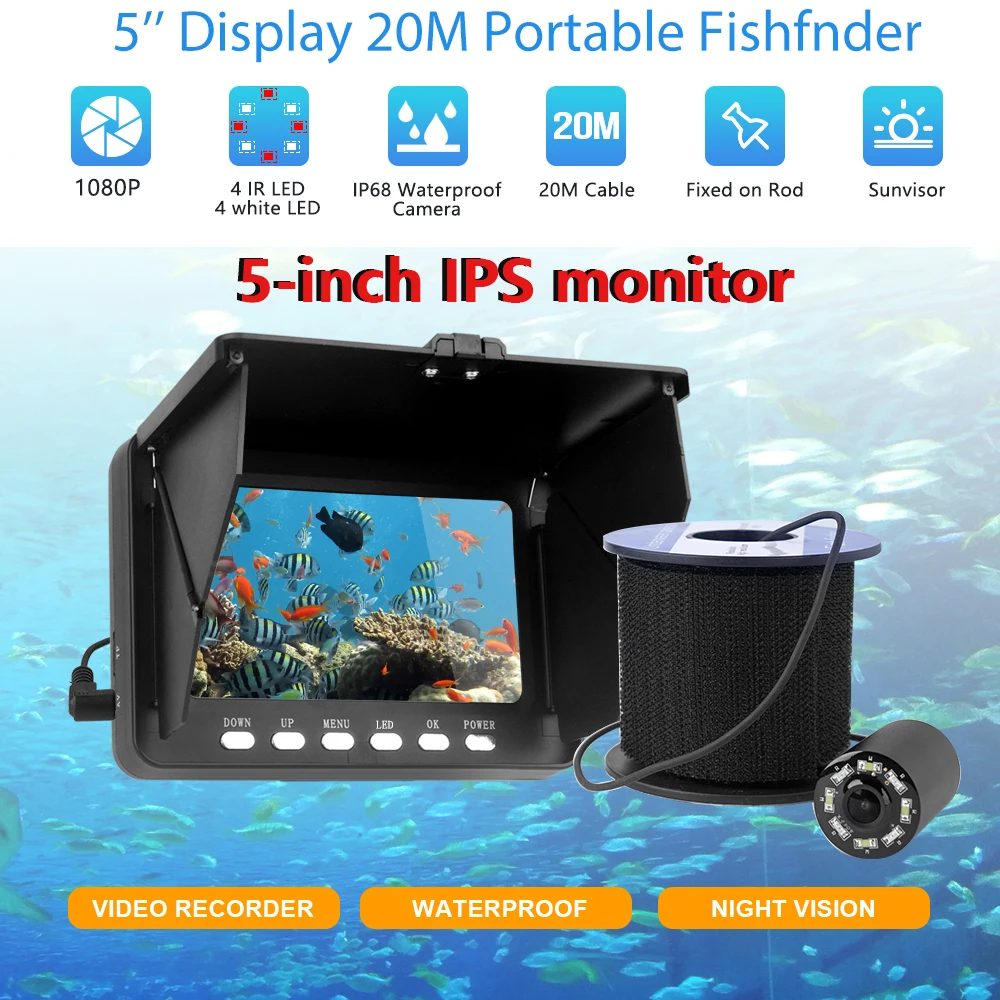 Underwater Fishing Camera 5-Inch 1080P IP68 Waterproof 20M Ice/Sea/River Camera For Fishing Underwater Detection