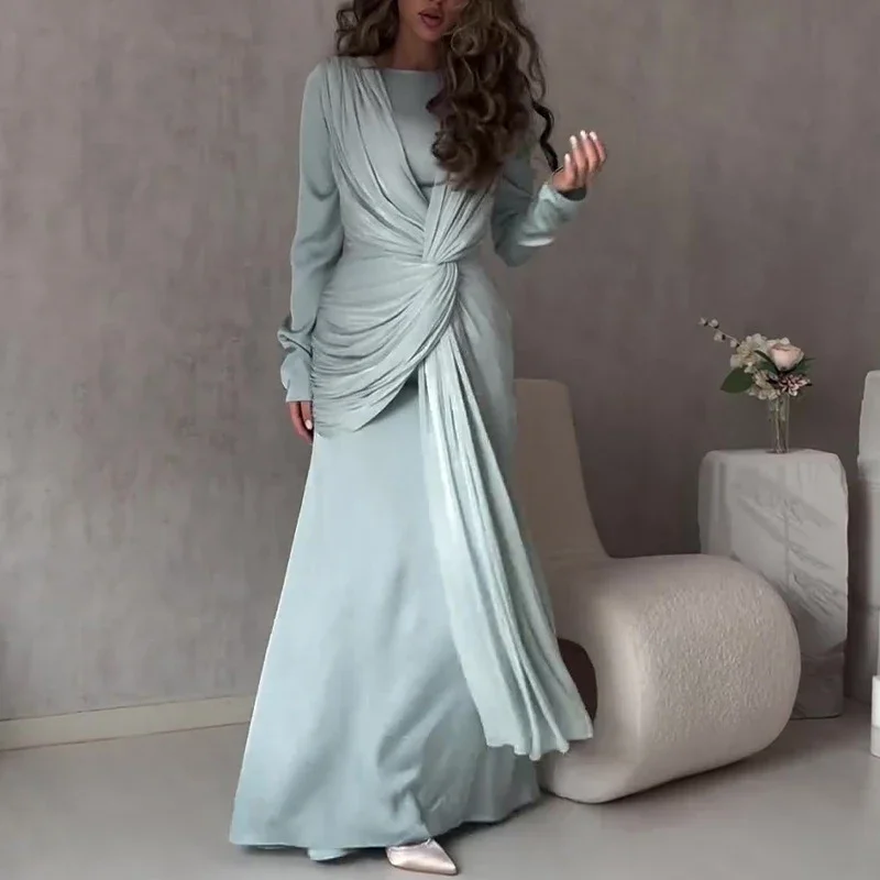 Elegancka sukienka imprezowa O Neck Fashion Tie-up High Waist Slim Party Dress Wome Solid Color Wrinkles Lady Chic Evening Gown 2025 Odzież damska — zdjęcie 5