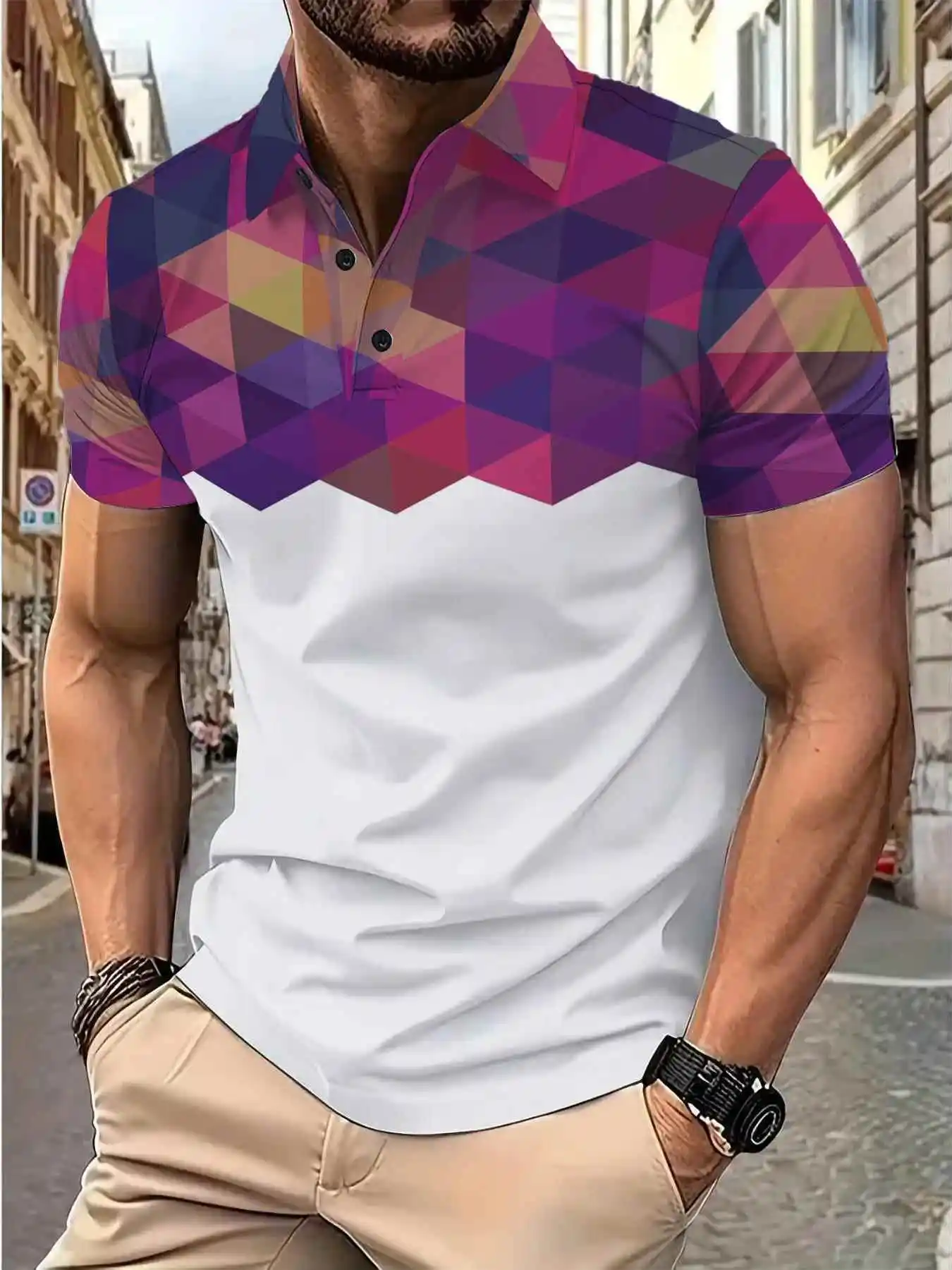

Geometric Print Men's irt Color Blo Design ort Sve Loose Fit Summer Casual Polyester Fiber Youth Faion