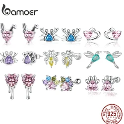 Bamoer 925 Sterling Silver Bee Dog Claw Heart Stud Earrings For Women Zircon Ear Studs Fashion Fine Jewelry Birthday Gifts