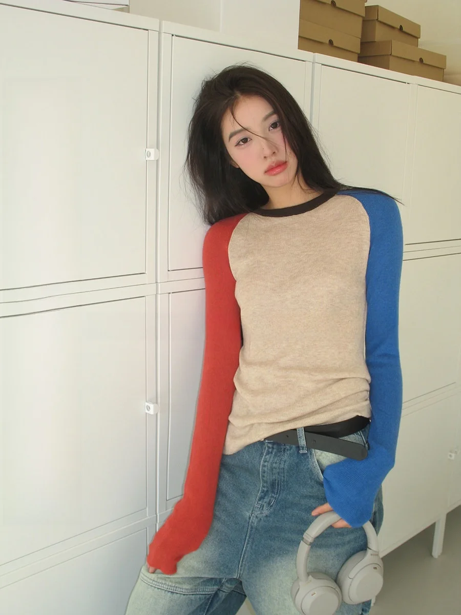 

Sinbounboun Dopane Autumn Color Blo Long Sve Knitted Slim Fit T-irt Women's Base irt Inner Wear Casual Sle