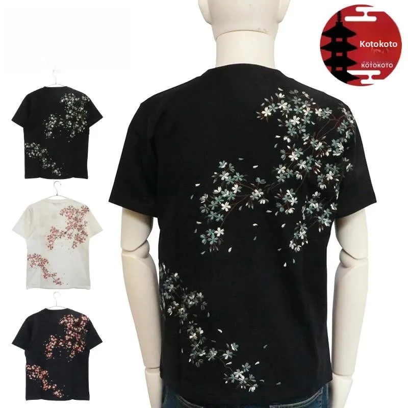 

Premium Yokohama Souvenir Classic Sakura Embroidered ort Sve Pure Cotton T-irt Japanese Sle round Ne Tee for Men