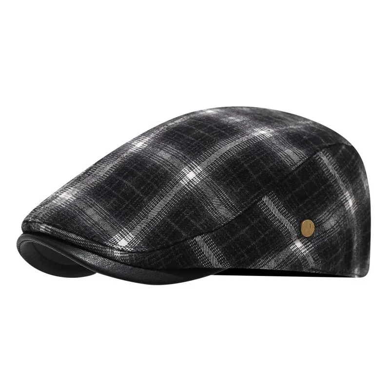 Introverted style plaid duck tongue forward hat women's leather hemming newsboy hat autumn and winter versatile warm cap