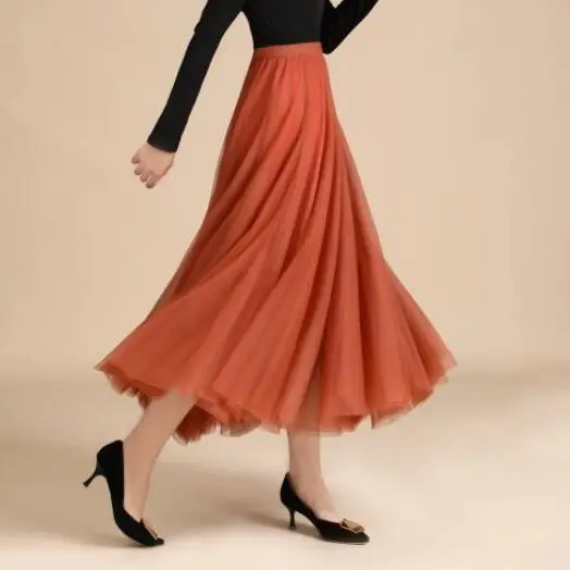 720 Degree Spring Summer Women Midi Long Skirt Ladies Elastic A-line High Waist Skirt Female Pleated Mesh Dance Skirt