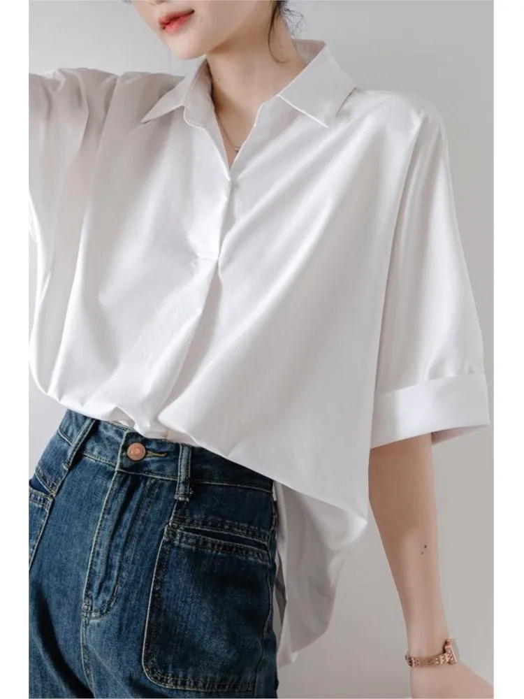 Summer V-Neck Shirts Tops Women Korean Style Loose Pleated Casual Fashion Ladies Blouses Short Sleeve Woman Shirts Tops