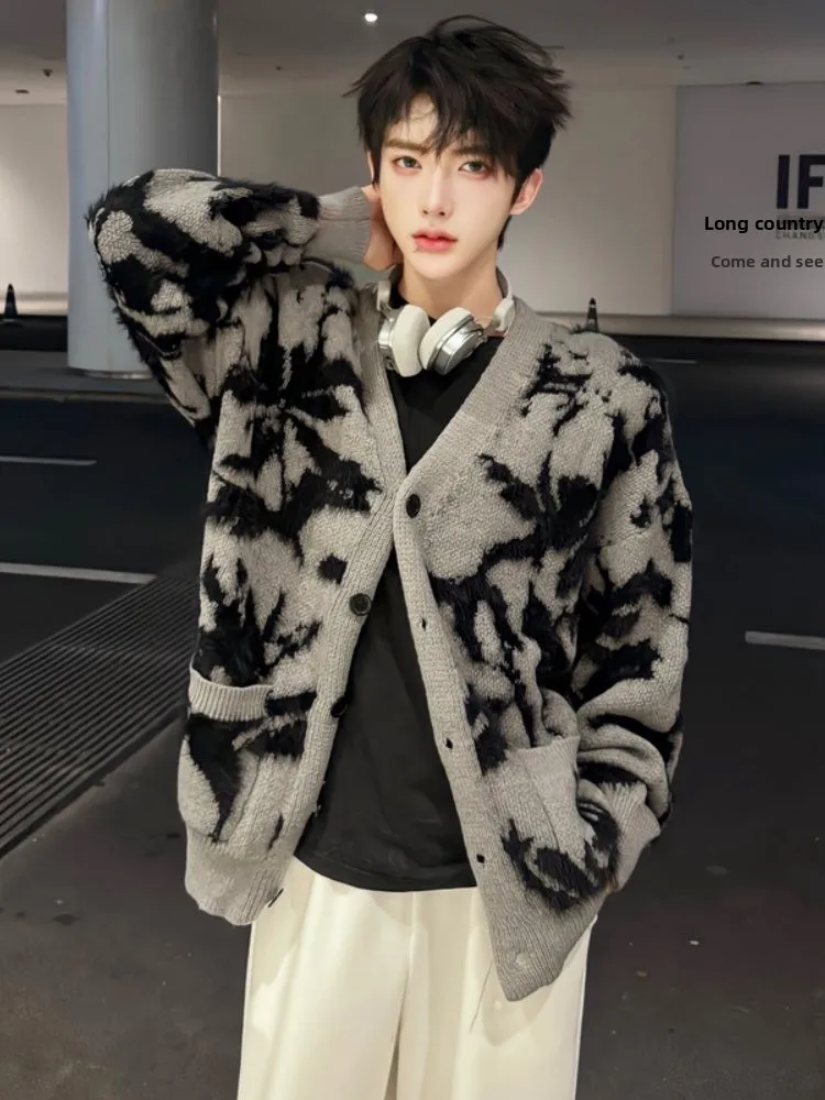 

Модный мужской вязаный свитер с V-образным вырезом, осенне-зимний, с вышивкой, премиум-класса, повседневный, с геометрическим узором