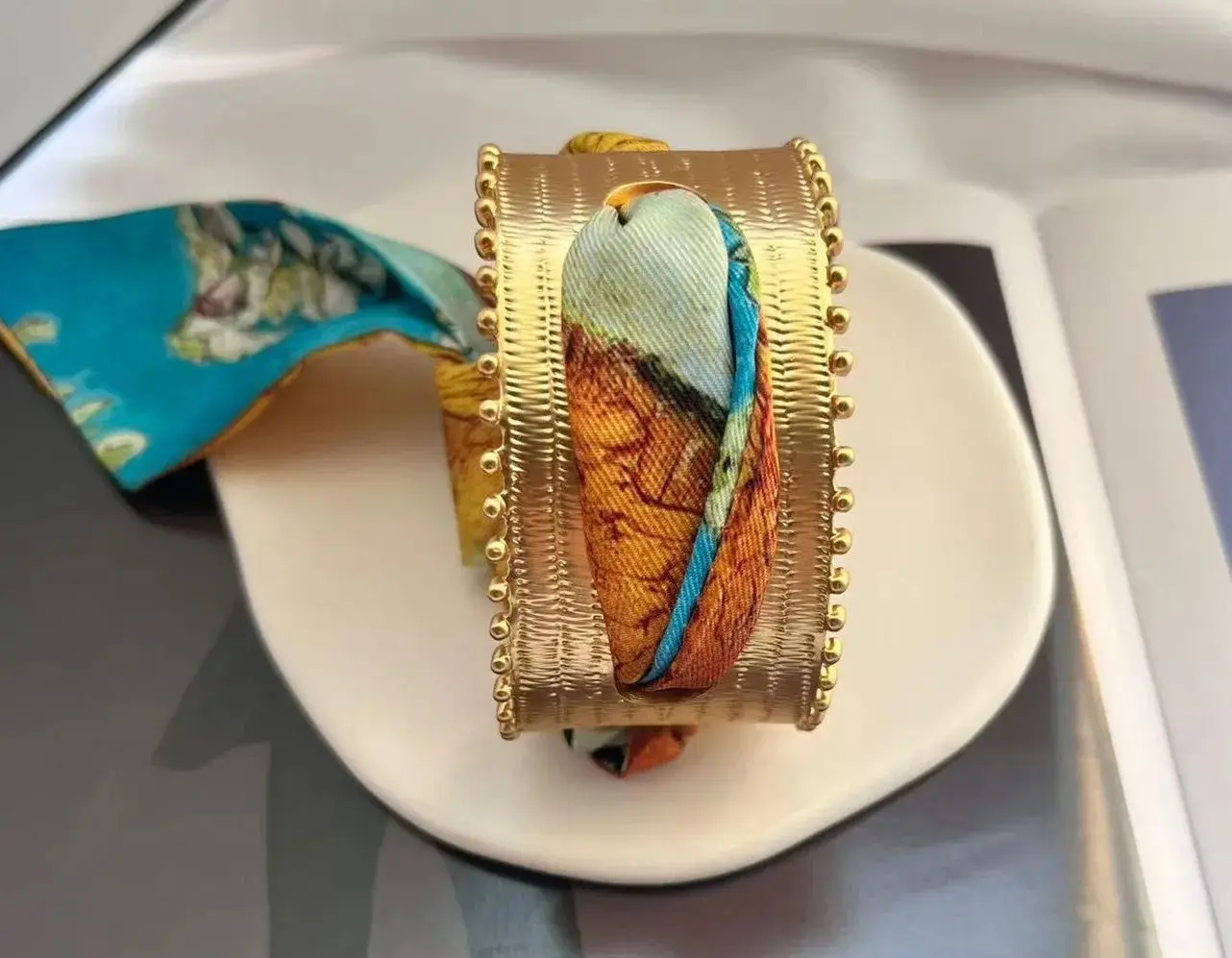 2026 Bohemian Silk Scarf Open Bangle Hollowed-Out Design Stackable Fashion Bracelet for Women Europe And America Style