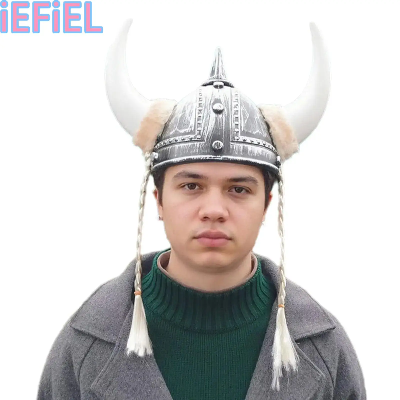 Casco de caballero guerrero Medieval Vintage de plástico para adultos, sombrero de cuerno vikingo con trenzas, accesorios para disfraz de fiesta de Halloween