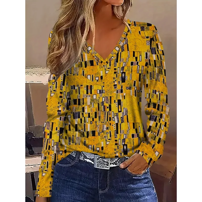 Women's 3D Print Abstract Painting/Geometric Patchwork Square Checkered Graphic/V-Neck Long Sleeve T-Shirt/Casual Shirt Top