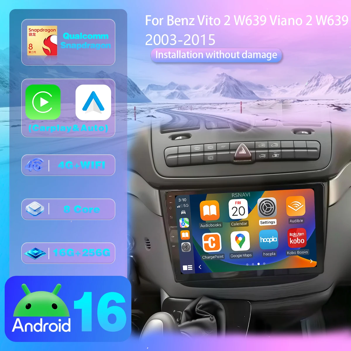 Android 16 para Mercedes-Benz Vito Viano 2 W639 2003 - 2015 Reproductor Carplay Auto BT video Radio para coche control de aplicaciones desde el volante