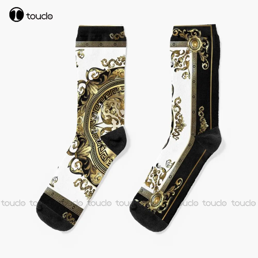 Ornate Baroque White Gold Black Greek Key Meander Socks High Socks Personalized Custom Unisex Adult Teen Youth Socks Custom Gift