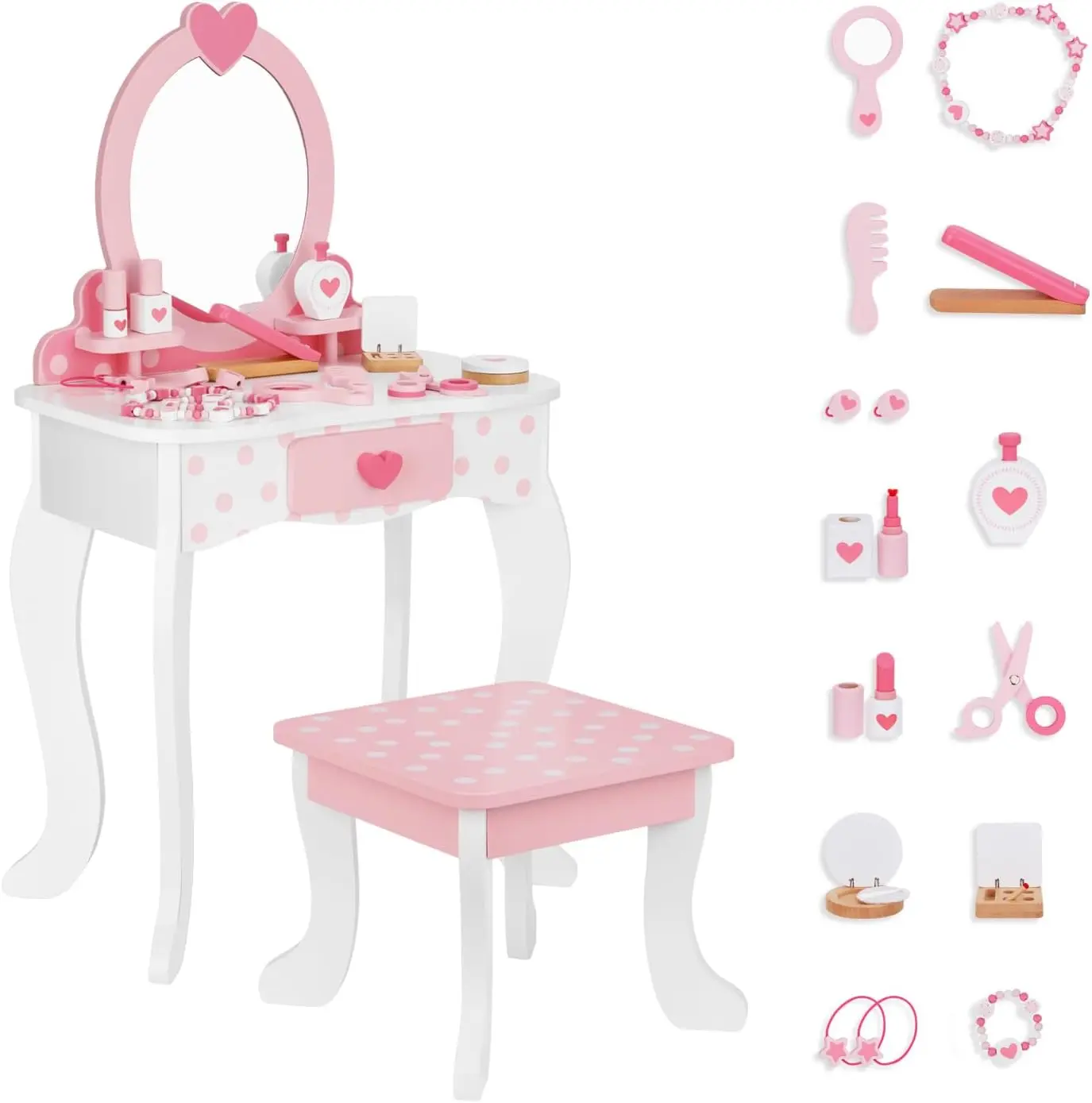 Pink Kids Vanity Set with Mirror, Table, Chair & 15 Makeup Accessories - Storage Drawer Included