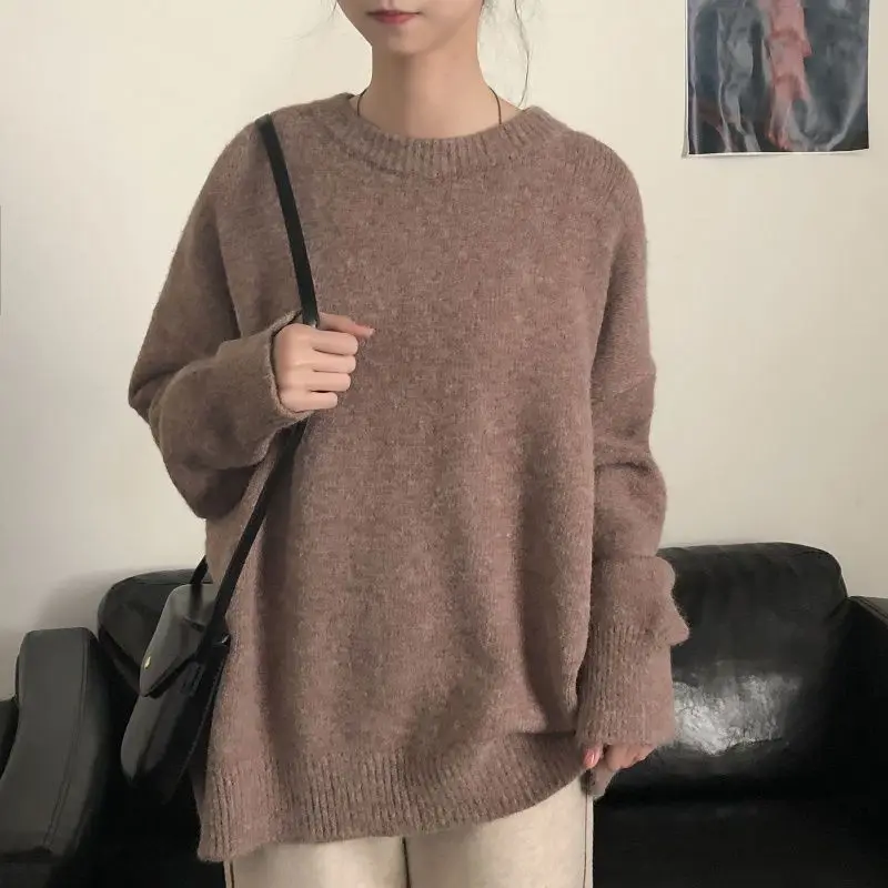 Fashion O-Neck Solid Color Loose Casual Sweaters Female Clothing 2023 Winter New Oversized All-match Pullovers Korean Warm Tops