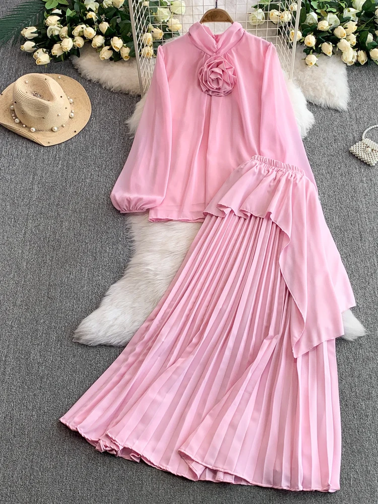 

Ele 3D цветок воротник-стойка Bubble Sve длинная юбка трапециевидной формы с высокой талией комплект из двух предметов женский модный летний наряд