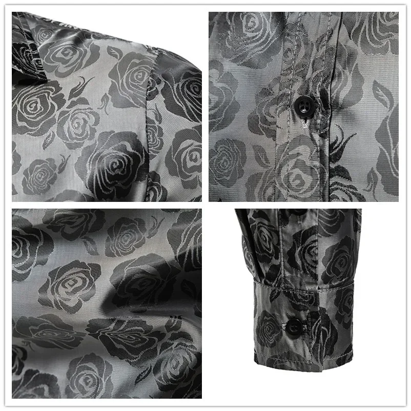 Camisas con estampado de rosas negras para hombre, camisa de lujo de manga larga con estampado Floral de Paisley de seda para fiesta de negocios y