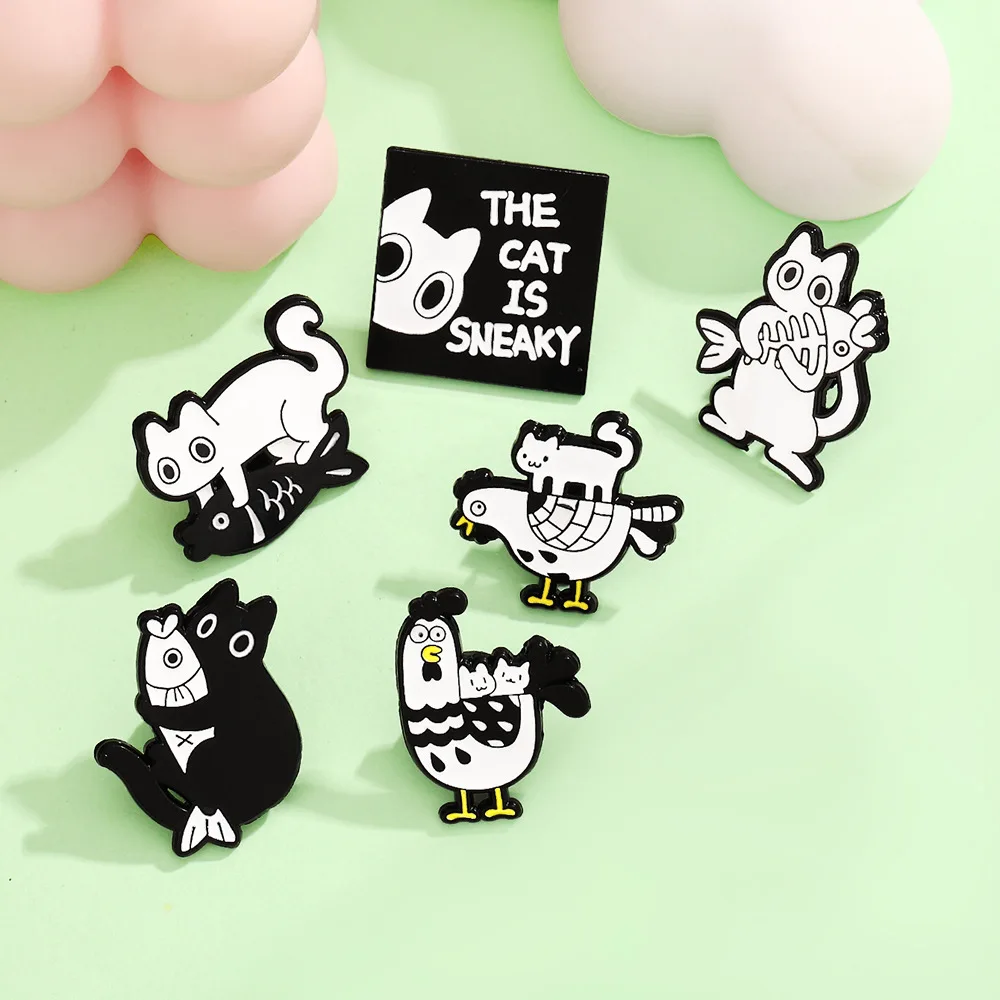 Cute Cartoon Black White Cat Enamel Brooch Creative Animal Chicken Fish Friend Lapel Pin Badge Backpack Clothing Hat Accessories