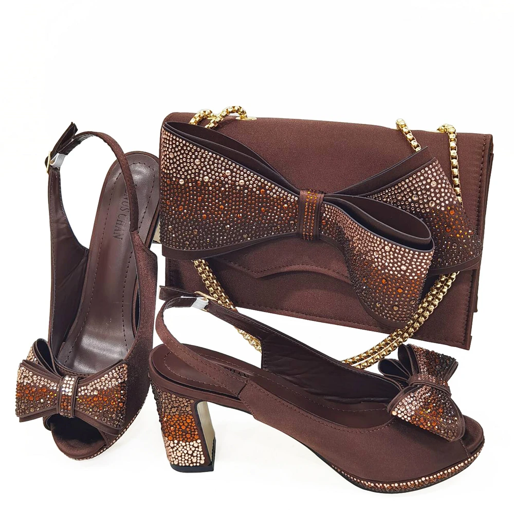 Women High Heels Sandals Shinning Material with Rhinestone Italian Design Coffee Color Open Toed Shoes and Bags Set