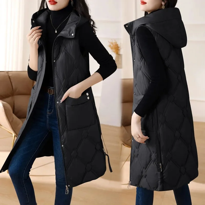 Autumn Winter Women Sleeveless Waistcoat Warm Puffer Jacket Ultra Light Mid Long Down Cotton Vest New Female Outwear Casual Tops