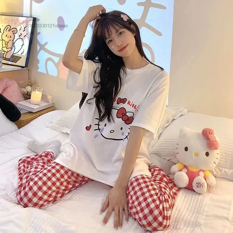 Sanrio Hello Kitty Cartoon Print Women Pajamas Sets Summer Home Female Sleepwear Suit Y2k Sweet Fashion Dormitory Two Piece Sets