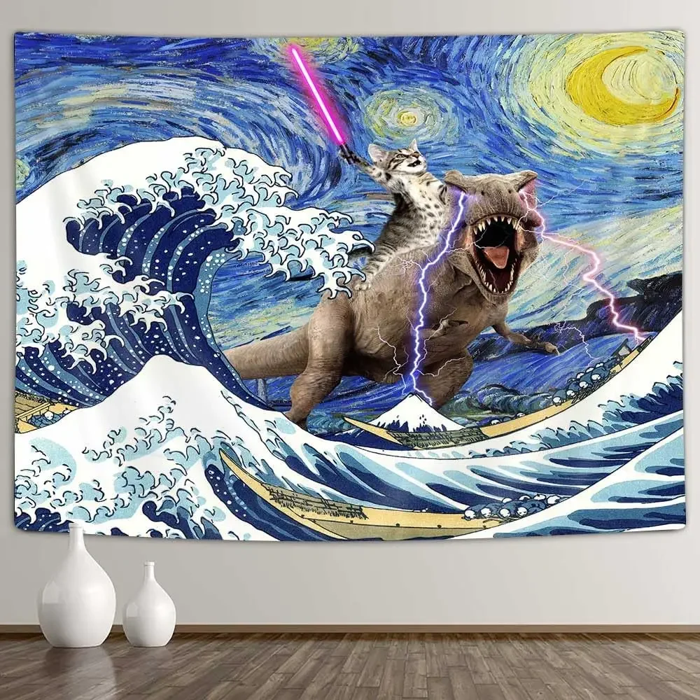 Funny Cat Dinosaur Tapestry, Cool Cats Ride Dinosaurs on Blue Teal Ocean Underwater Animal Fish Seashell Jellyfish