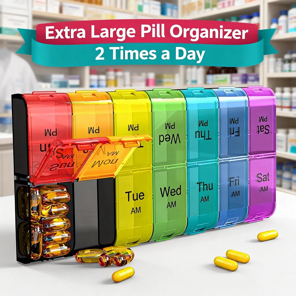 Pill Organizer, Pill Box 7 Day Am & Pm Weekly Pill Case 2 Times a Day, Medicine Organizer for Travel