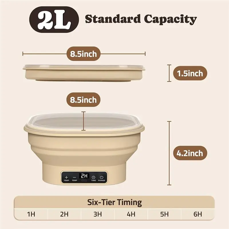 ABSJ-Kit per lievitazione naturale con cestello per lievitazione del pane Banneton pieghevole quadrato in silicone termostatico elettrico da 2 litri