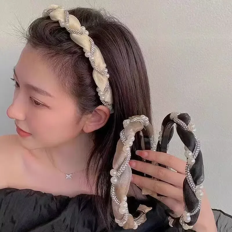 Double Pearl Rhinestone Headband Lace Braided Hairband Hair Hoop Korean Crystal Headbands for Women Girl Hair Accessories