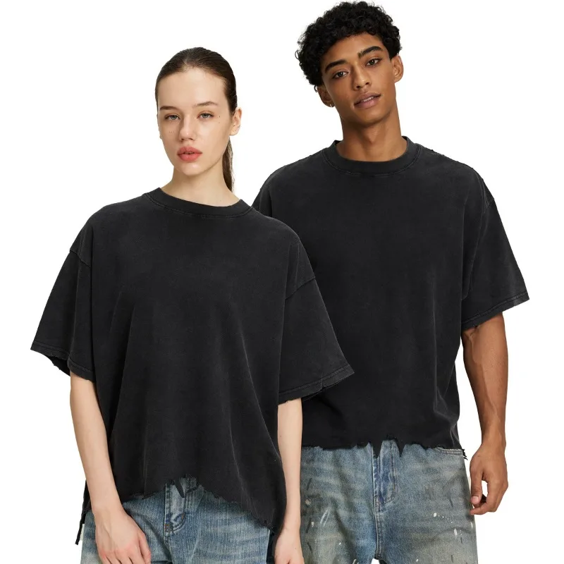 Men's T-shirt Retro Street Destruction Style T-shirt Short-sleeved Men's Wear High-quality Pure