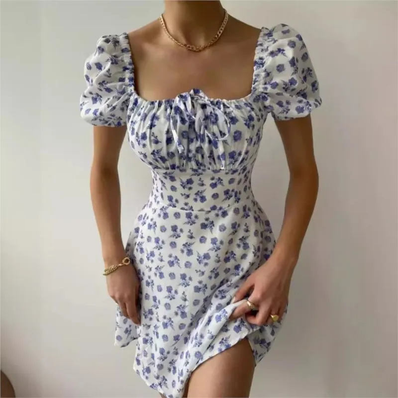 2024 New Women's Summer Fashion Bubble Sleeve Floral Dopamine Dress for Women