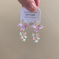 Korean Fashion Pink Enamel Petals Earrings For Women Girls Sweet Zircon Flower Leaf Tassel Pendant Earrings Casual Party Jewelry