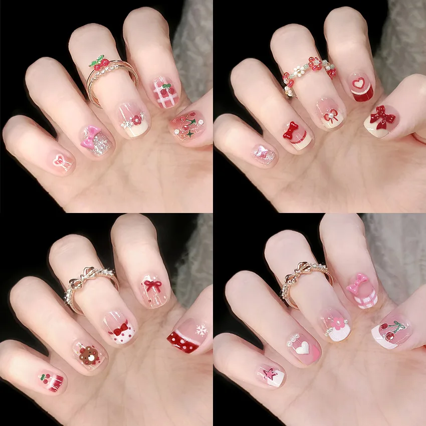 24pcs Bowknots Love Heart Pattern Press On Nails Cute Fresh Short Round French Style False Nails Korean Sweet Wearable Fake Nail