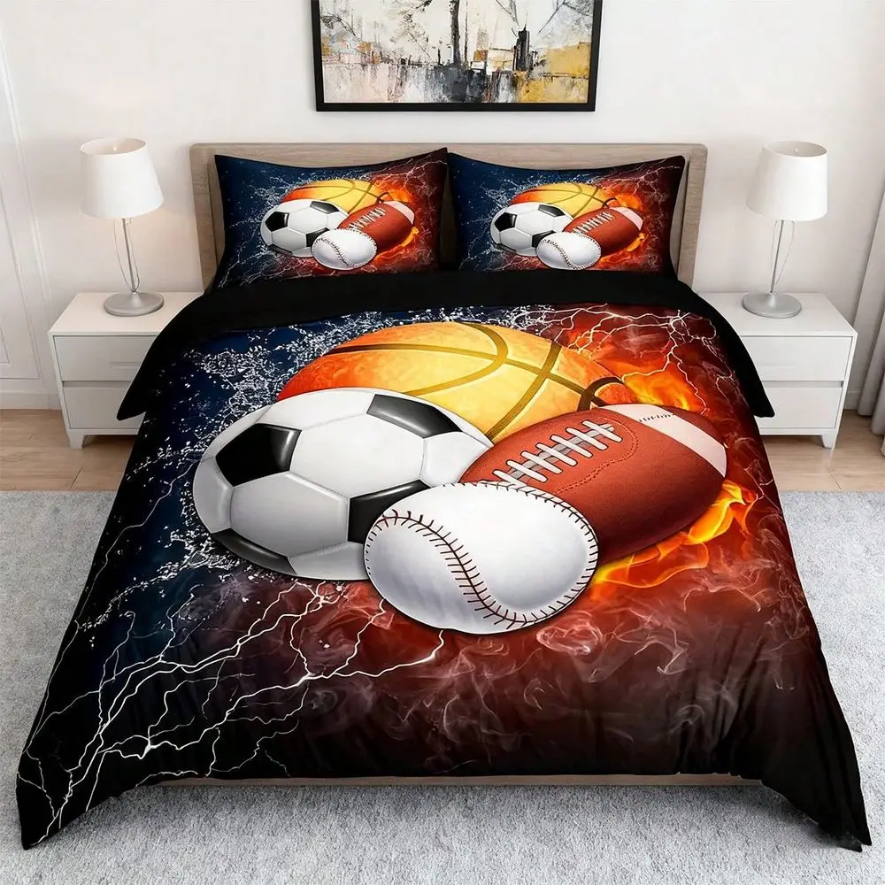 

Soccer Bedding Set 3Piece Football Print Duvet Cover Pillowcases Sports Theme For Boys Room, Twin Full Queen King Size