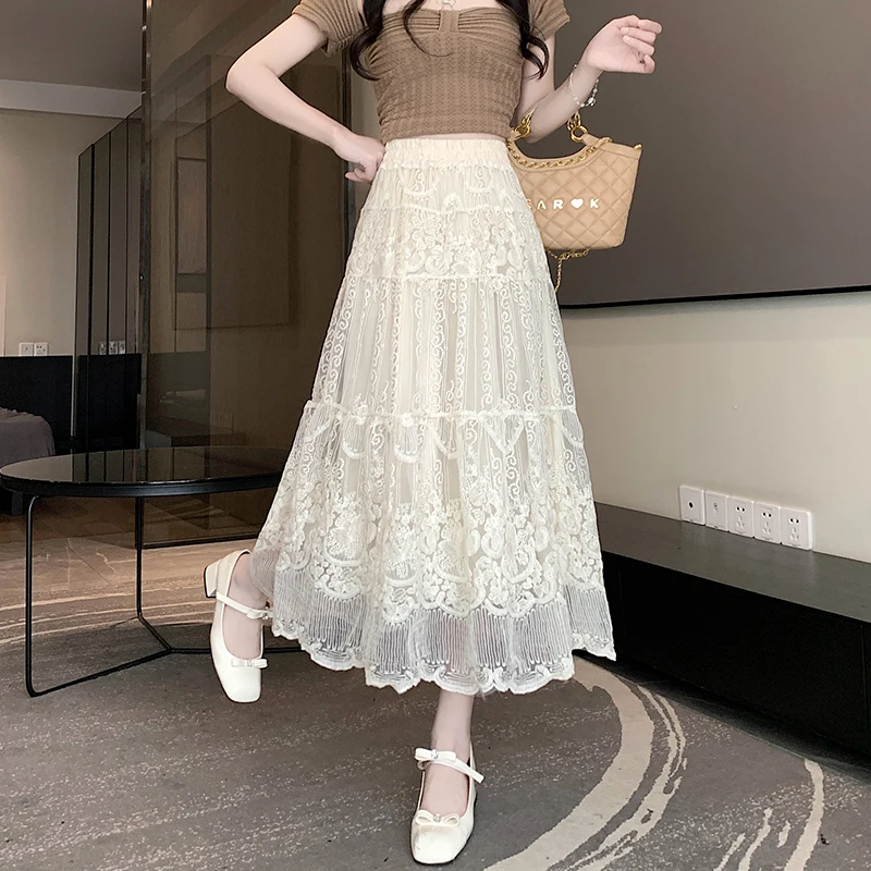 2025 New Spring Summer Women Elastic High Waist Slim Long Skirt High Quality Elegant Court Retro Embroidery Lace Skirt