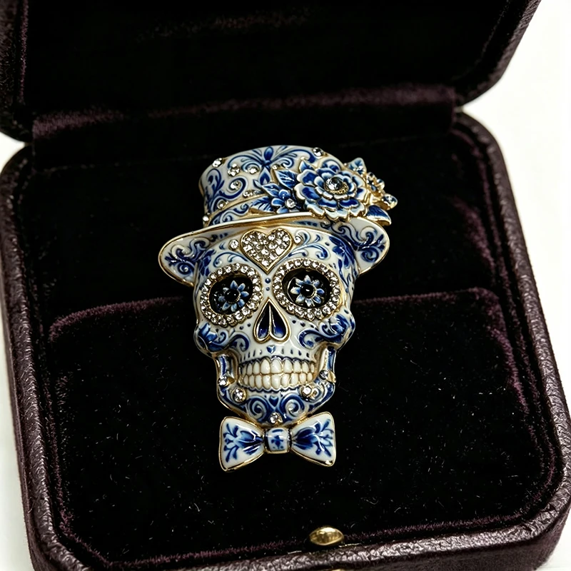 Blue White Porcelain Style Sugar Skull Brooch Top Hat Bow Tie Rhinestone Enamel Calavera Pin Jewelry Gift