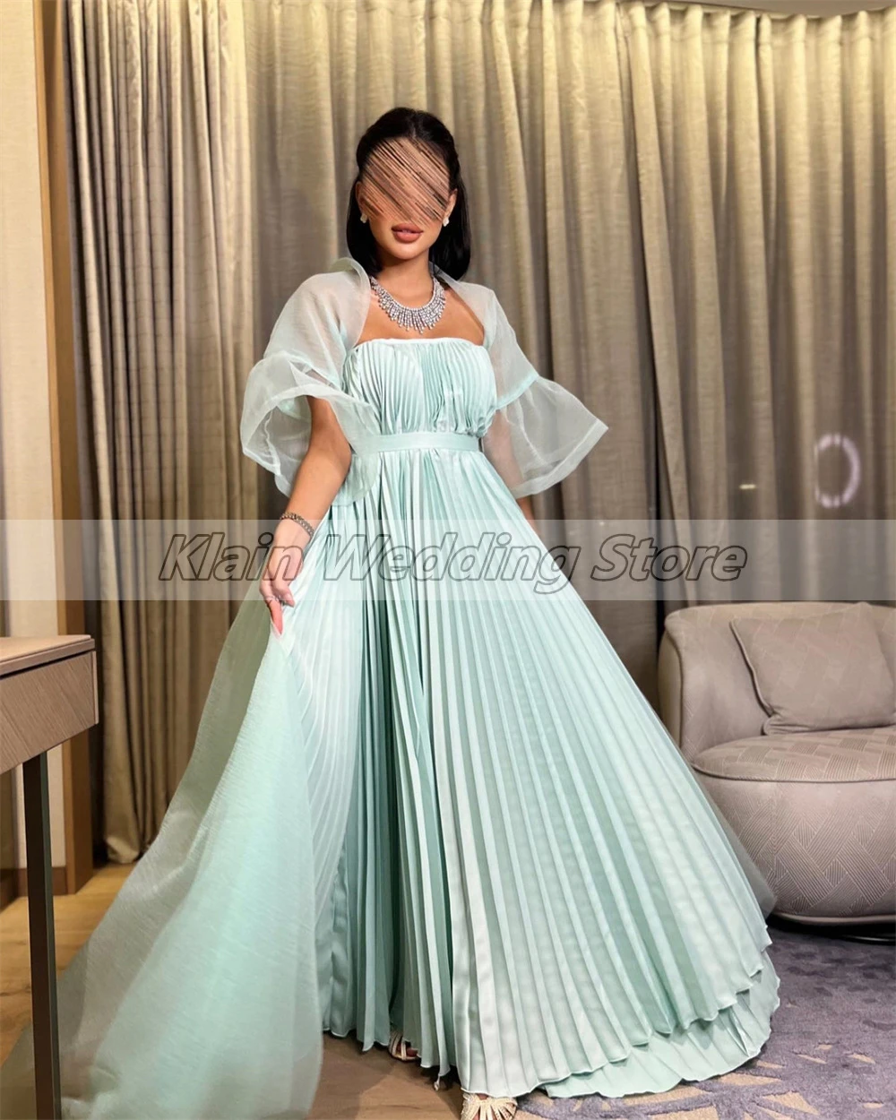 Customized A-line Strapless Prom Gown Muslim Clothing Pleat Evening Dresses For Women Three Quarter Maxi Dress فساتين سهرة فخمه